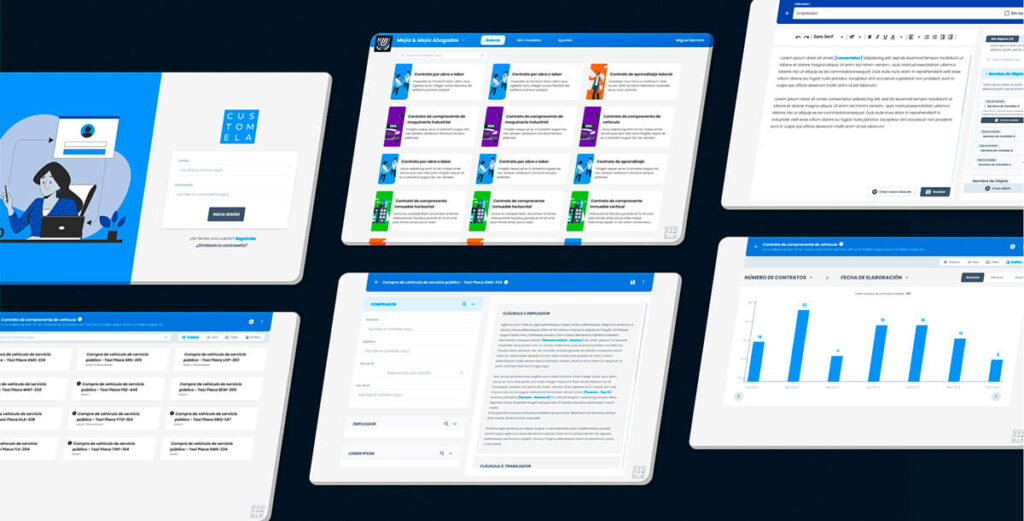 Customela Legal contract creation app UI design | 6 main screens for desktop