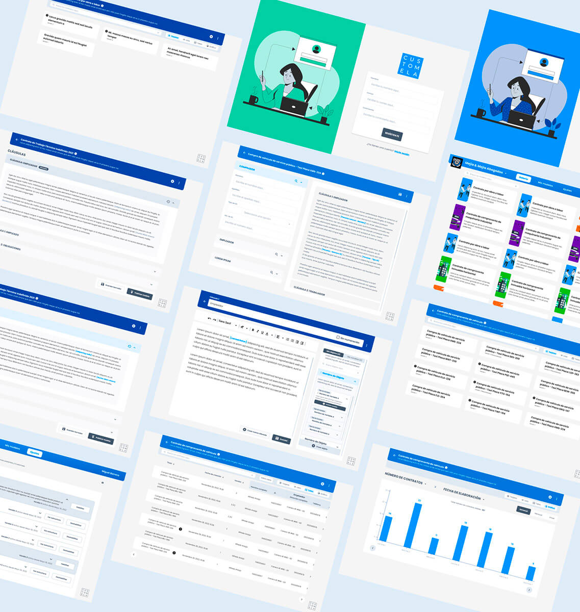 Customela Legal contract creation app UI design | main screens for desktop