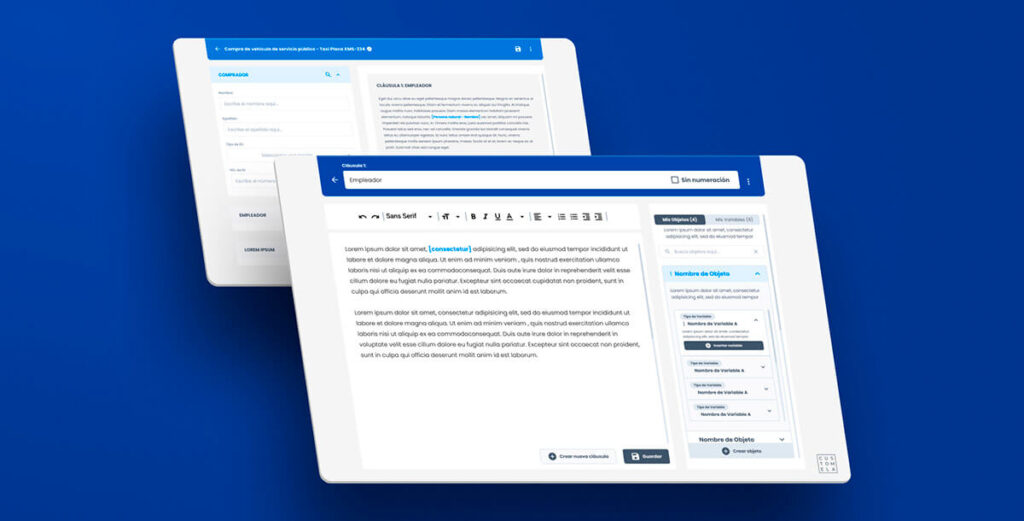 Customela Legal contract creation app UI design | Filling contract + creating model for desktop