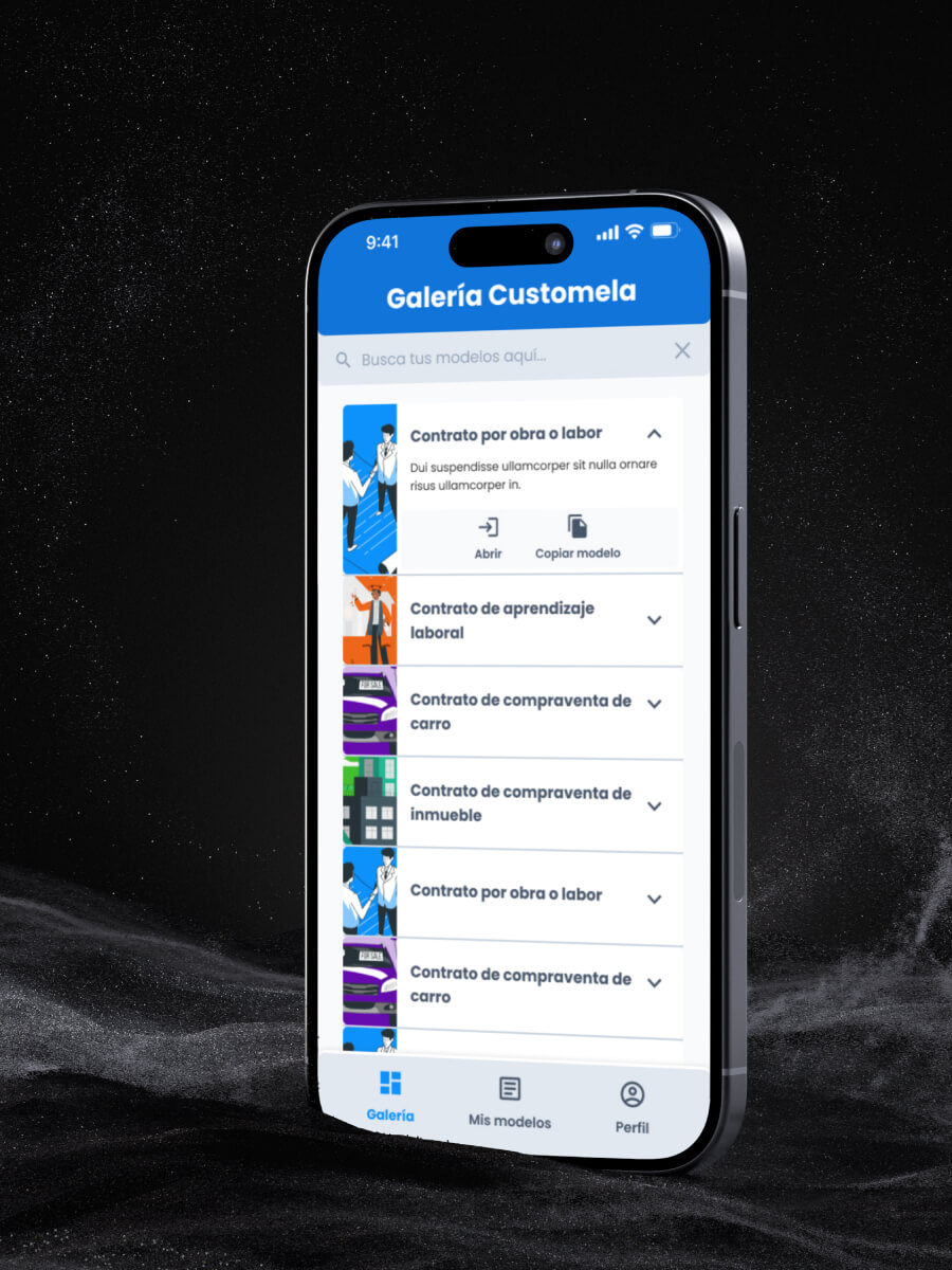 Customela Legal contract creation app UI design | Website for iPhone