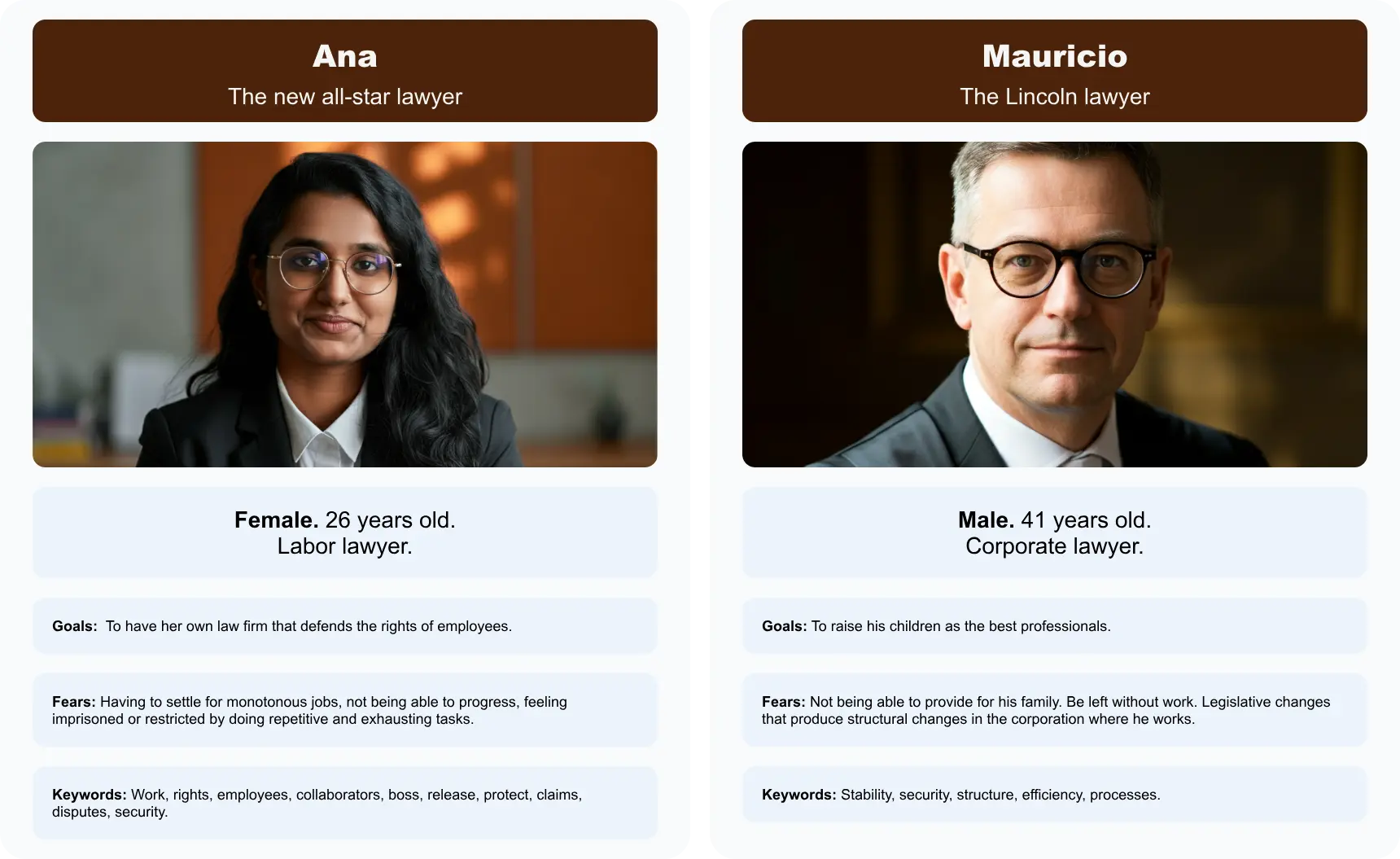User personas created for UX design process for Customela legal contract creation app