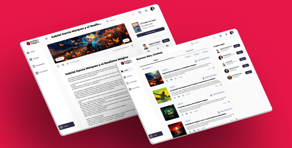 Realismagico book marketplace UI design | Home + Post screen for desktop