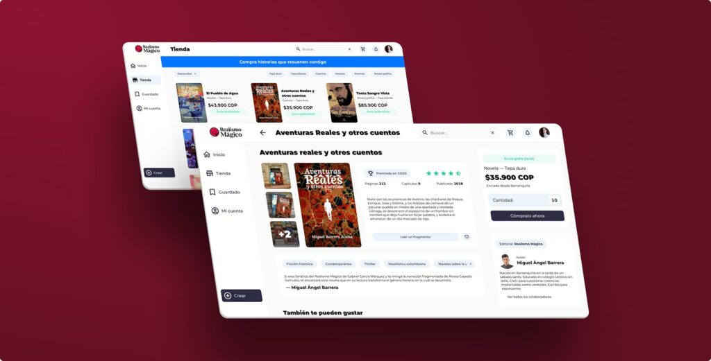 Realismagico book marketplace UI design | Store + Product screen for desktop